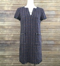 Ann Taylor Tweed Shift Dress SZ 2 Blue Pink V-Neck Pockets Short Sleeve Zip Back