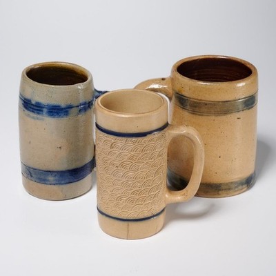 19th Century Mocha Ware Blue Striped Banded Coffee Beer Stein Mug 3pc Lot