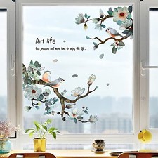 Birds on Cherry Blossom Branches Window Clings, Removable Green General Size