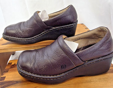 Born Womens 10M Brown Pebbled Leather Clog 2.5  Heel Comfort Slip On Shoes