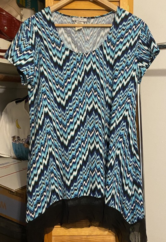 FOREVER JADE Black & White Blue/Teal Chevron Patterned Sheer Hem Trim Top LARGE