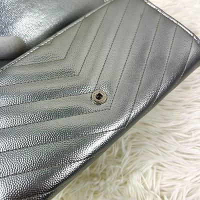 YSL Yves Saint Laurent Cassandra Quilted Long Wallet Silver