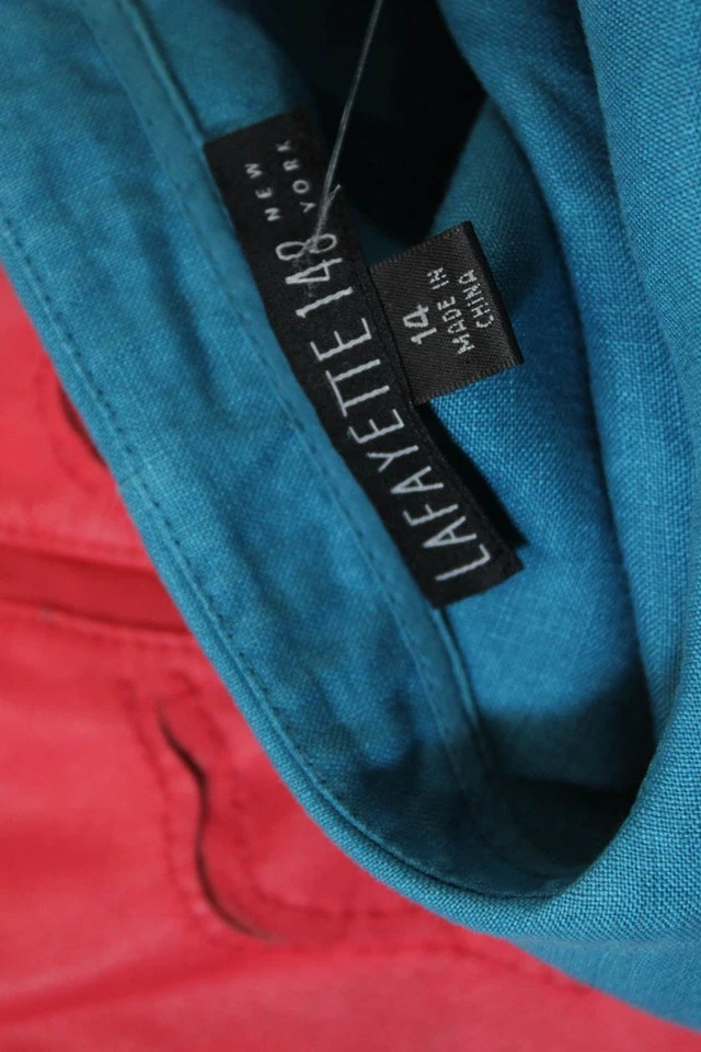 Blusa sin mangas azul Lafayette 148 New York para mujer con detalle de volantes de lino talla 14 Foto 4 de 4