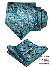 Silk Stripe Plaid Tie and Pocket Square with Tie Clip Sets Turquoise Paisley