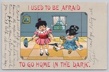 Comic Postcard Unidentified Artist - Boy And Girl In Dresses - Afraid Frying Pan