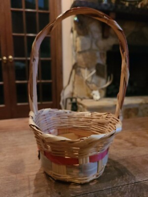 Vintage Woven Easter Basket Pink Green Band Handle Mexico 70s Traditions 8 x 12