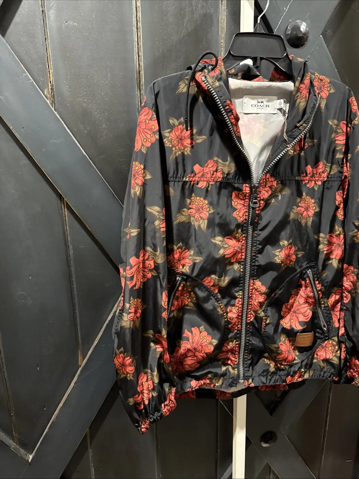 Giacca a vento Coach floreale con cappuccio donna taglia M nuova senza etichette