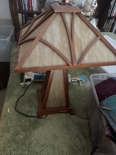 Wood Table Lamp Brown Frame Beige Geometric Shade Corded Wall Switch 2000