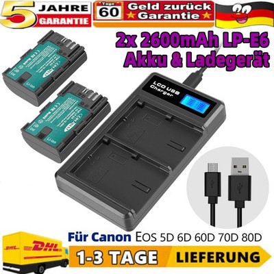 2x 2.6Ah LP-E6 Akku + LCD Ladegerät Für Canon LP-E6NH EOS 90D 60D 5DS 7D Mark II