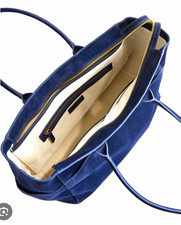 Blue Large Tote Bag Zip Top Gold Hardware Beige Lined Inner Pockets