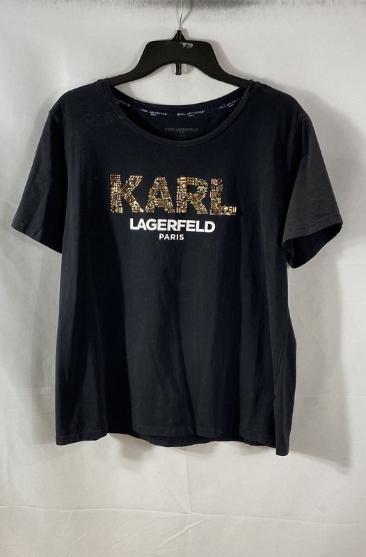 Karl Lagerfeld Paris Women's Gem Moniker Tee Black Sequin Logo Shirt Sz L