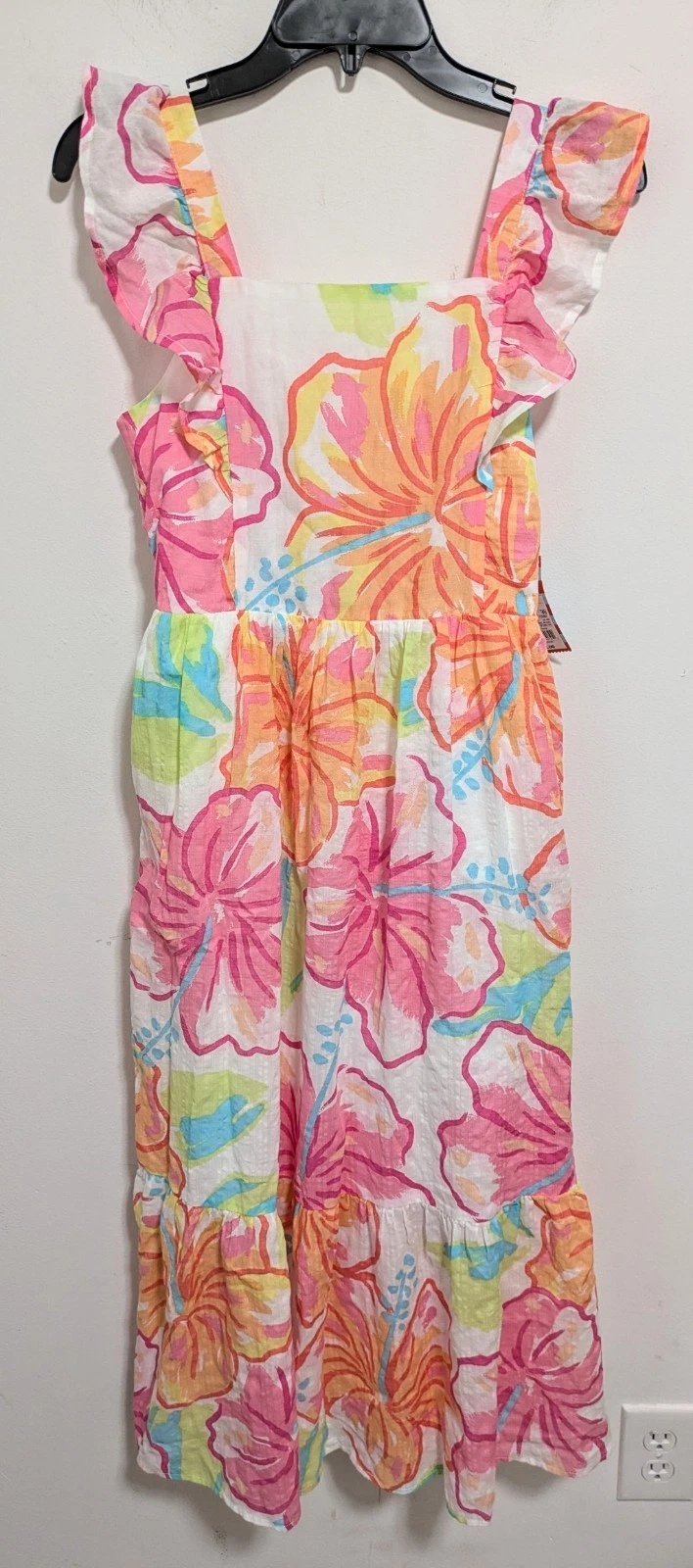 Cat & Jack Girls Floral Maxi Dress XL 14 Keyhole Tie Bow Ruffles Tropical Resort