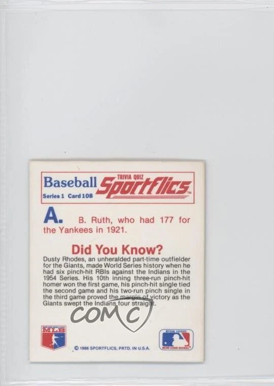 1986 Sportflics Trivia Inserts Babe Ruth #108 HOF - Image 2 of 2