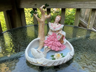 large unterweissbach dresden lace figurine Group girl on pond with swan German