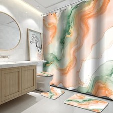 4Pcs Marble Bathroom Sets with Shower Curtain and Rugs Orange Green Marble