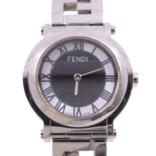 Orologio Fendi 6100L Quadro Rotondo Quarzo Quadrante Nero Shell Cinturino Acciaio Inox