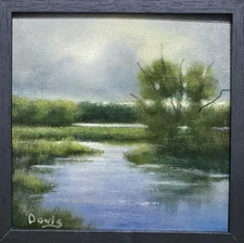Orignal oil painting, marsh landscape, 6"x6" plus frame