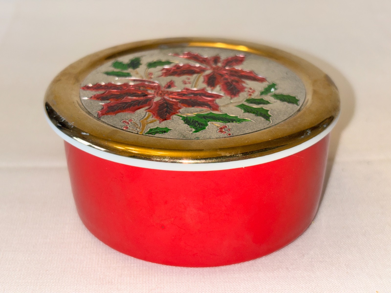 Vtg Christmas Chokin Jamestown China Poinsetta Trinket Box 24k Gold Trim Dish