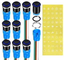 DaierTek 12V 16mm Momentary Marine Push Button Switch 9 Pack Waterproof Blue ...