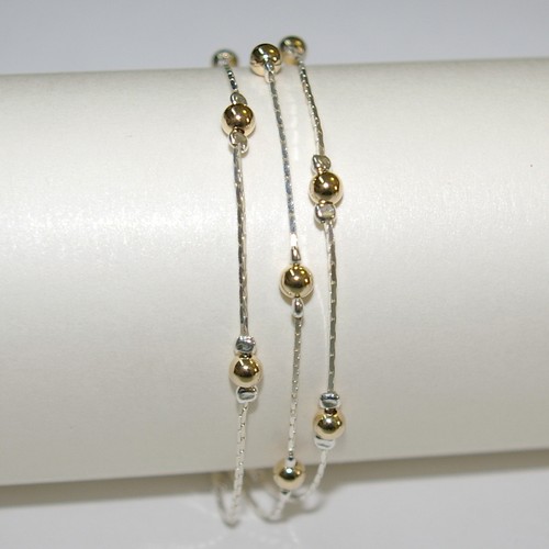 925 Sterlingsilber Kette und goldgefüllte Perlen 3 Stränge zweifarbige Fußkettchen - Bild 6 von 10