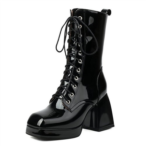 Women's Square Toe Ankle Boots Platform Chunky Heel Lace Up Fashion Dress Shoes - Picture 13 of 16