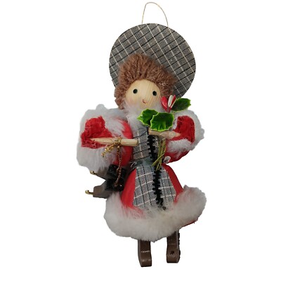 Christmas Ornament Cornhusk Woman Ice Skater Red Coat Holiday Holly Girl Vintage