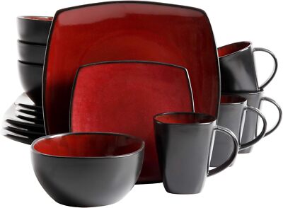 Service For 4 (16Pcs)... Square Reactive Glaze Dinnerware Set Red