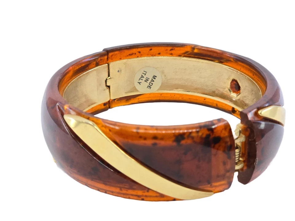 BRAZALETE BRAZALETE VINTAGE ITALIANO MODERNISTA MARRÓN LUCITA ORO 22mm ANCHO CON BISAGRAS Foto 3 de 4