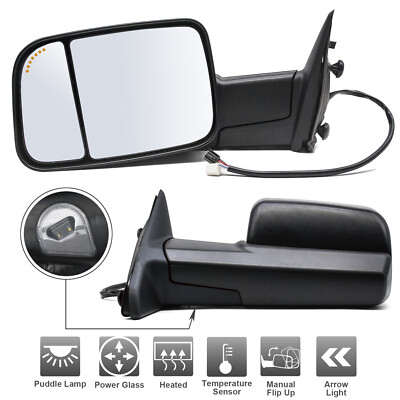 Towing Mirrors For 09-13 Dodge Ram 1500 2500 3500 Power Heated Arrow Light Black