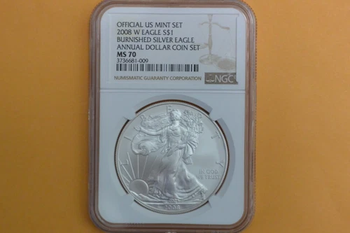 2008 W BURNISHED SILVER EAGLE NGC MS70 ANNUAL DOLLAR  UNC SET LABEL