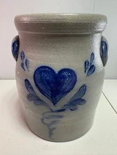 Rowe Pottery Works Cobalt Blue Heart Crock Salt Glazed No Lid Signed 2000 7 Inch