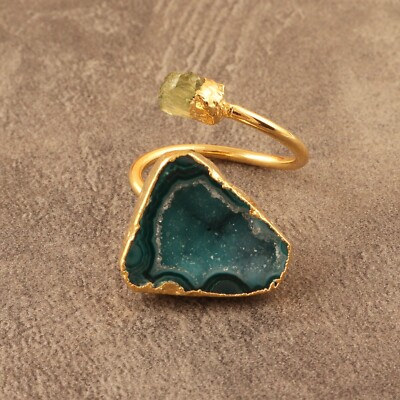 Peridot Geode Slice Ring Gold Electroplated Statement Adjustable Two Stone Ring