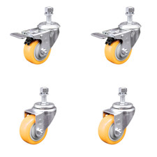 3 Inch SS Yellow Polyurethane 12mm Threaded Stem Caster Set 2 Total Lock Brake