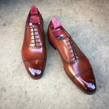 Custom Made New Men's Brown Color Leather Oxford Cap-Toe Lace Up Dress Shoes Men