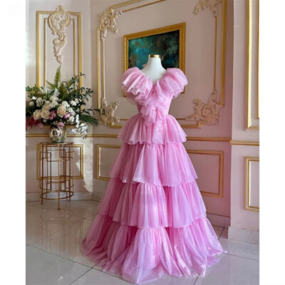 Pink A-line Prom Dresses Sweetheart Sleeveless Tiered Ruffle Evening Dress Tulle