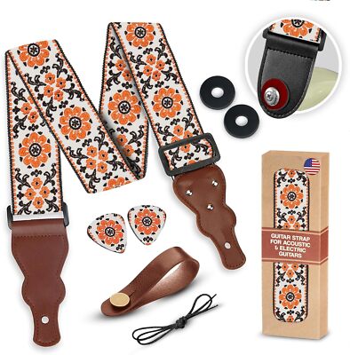 Guitar Strap For Acoustic , Electric Adjustable, A Orange Flowers 