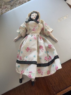 Vintage Porcelain Half Doll Figurine with Floral Fabric Dress