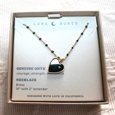 NWB Necklace Brass Genuine Black Onyx HEART shaped charm 16'' +2'' by LUNA NORTE