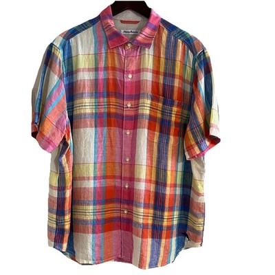 Tommy Bahama Multicolor Plaid Linen Shirt Men s L Short Sleeve Button Up Coastal