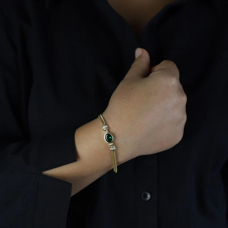 Women Emerald Herringbone Chain May Birthstone Bracelet - Image 2 of 4