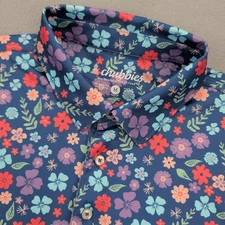 Chubbies Polo Shirt Mens Medium Blue Floral Performance Stretch Golf Casual