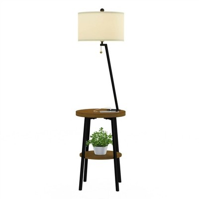 2 Shelf Accent End Table with Floor Lamp Metal Legs Light USB Port Bed Side