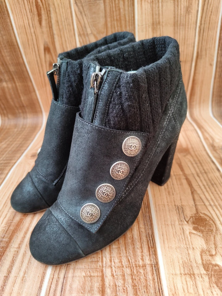 Chanel Lana Iridiscente Gamuza CC Botones a Presión Botines Cortos EU 37.5 US 7. Foto 3 de 4