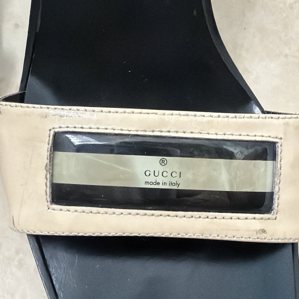 Gucci Leather Square Toe Logo Slip-On Mule Sandals Black/Beige Women 6.5 View 6