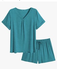 Ekouaer Pajamas Set Women Short Sleeve 2 Piece PJ Set Size 2XL Color Blue/Green