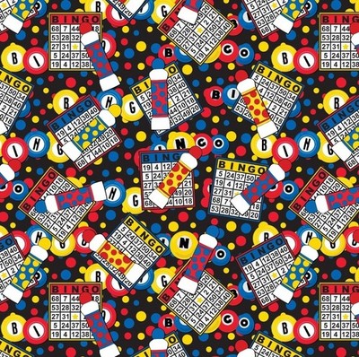Bingo Day Bingo Cards, Games Fabric-Black/Multi 100%Cotton 1 yd BTY! Fast Ship!