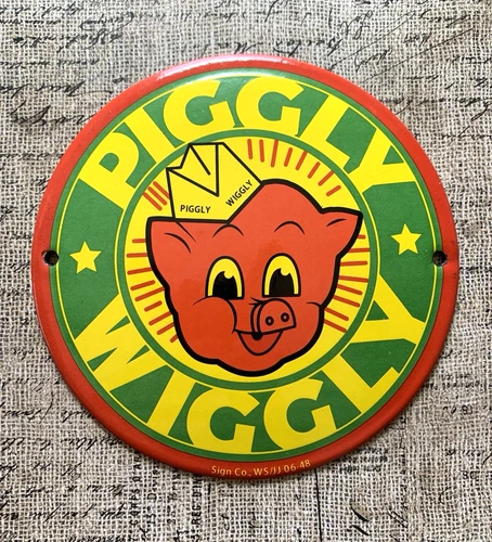 VINTAGE 12" PIGGLY WIGGLY PORCELAIN GASOLINE SODA POP GAS OIL PUMP STATION SIGN