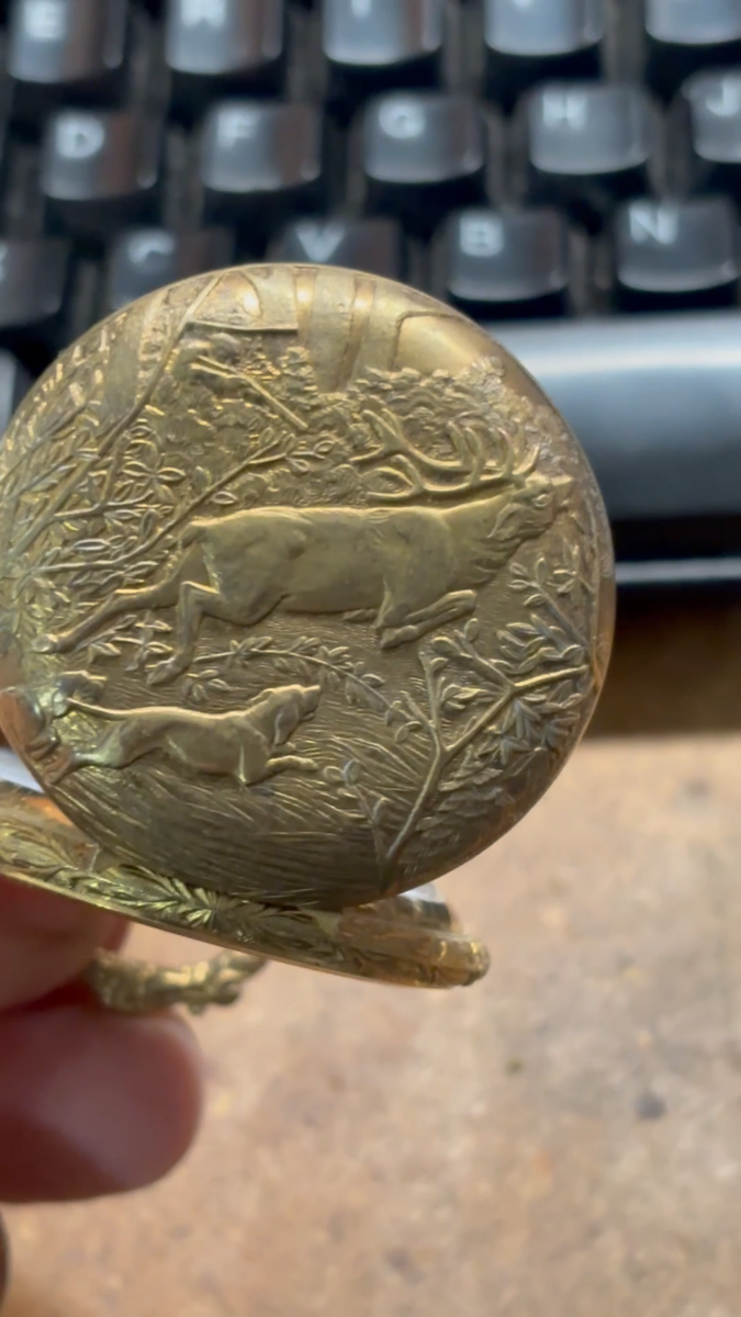 Vtg ARNEX COSTANZO Deer Hunting gold POCKET WATCH 17j SWISS See