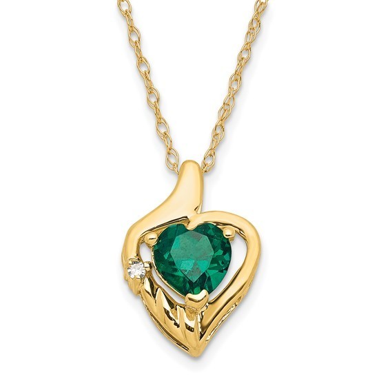 10k Yellow Gold Polished Lab Created Emerald & Diamond Heart Necklace Pendant