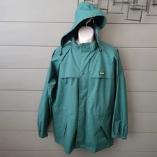 Vintage Stearns Dry Wear Hooded Rain Jacket Green Navy Full Zip Mens Medium EUC